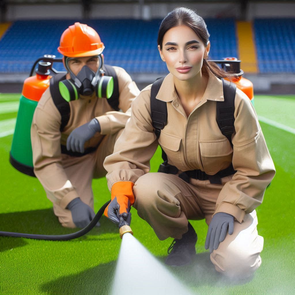 Professional turf installer spraying on a synthentic turf